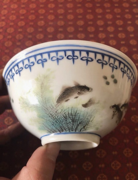 古玩陶瓷粉彩魚藻紋茶碗拍賣，當前價格2800元