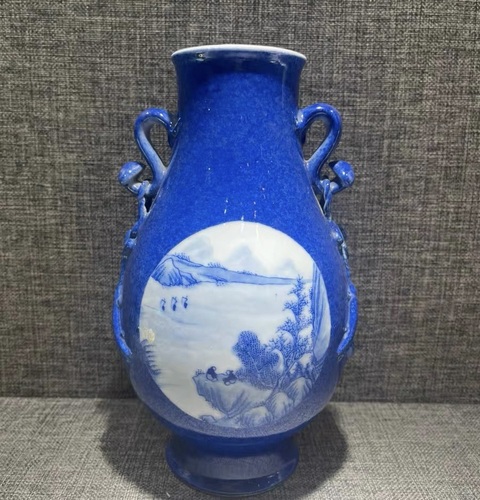 古玩陶瓷撒藍釉開窗青花山水人物故事紋如意耳尊真品鑒賞圖