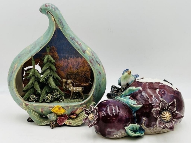 古玩陶瓷仿生瓷石榴花鳥擺件真品鑒賞圖