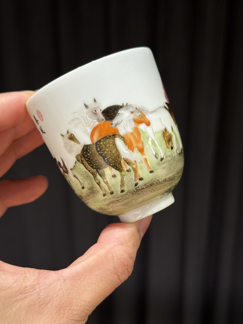 古玩陶瓷民國 仿琺瑯彩馬紋杯真品鑒賞圖