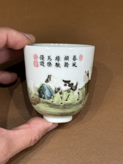 古玩陶瓷民國 仿琺瑯彩馬紋杯真品鑒賞圖