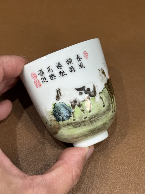 古玩陶瓷民國 仿琺瑯彩馬紋杯真品鑒賞圖