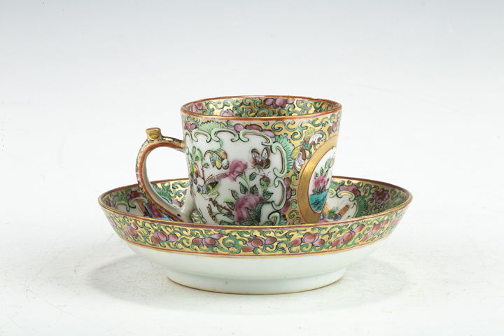 古玩陶瓷清晚·廣彩開窗人物花鳥紋杯碟一套真品鑒賞圖