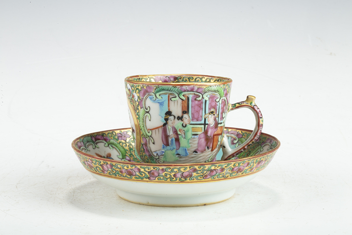 古玩陶瓷清晚·廣彩開窗人物花鳥紋杯碟一套真品鑒賞圖