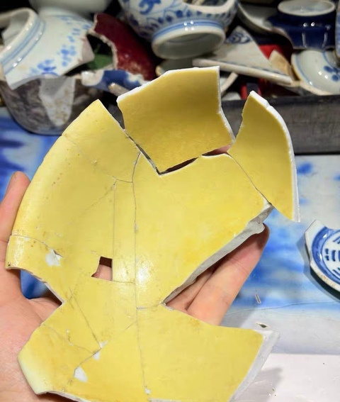 古玩陶瓷黃釉暗刻龍紋標本真品鑒賞圖