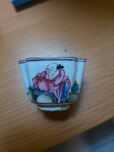 古玩雜項銅胎琺瑯釉海棠小杯真品鑒賞圖