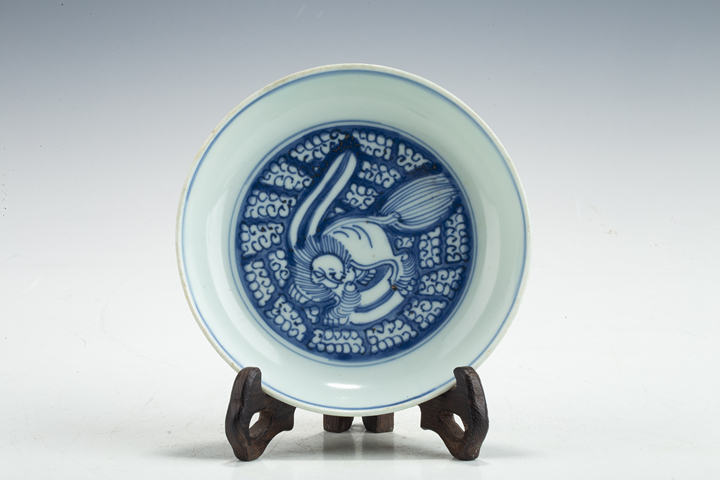 古玩陶瓷明晚·青花獅紋盤一組四個拍賣，當前價格0元