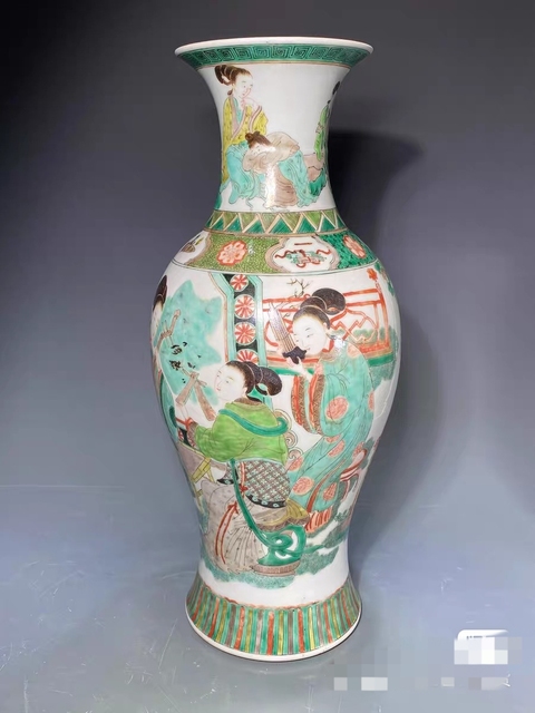 古玩陶瓷清光緒 五彩庭院仕女嬰戲圖紋觀音瓶真品鑒賞圖