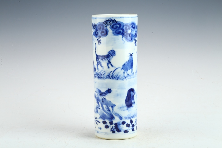 古玩陶瓷清晚·青花十二生肖紋香筒真品鑒賞圖