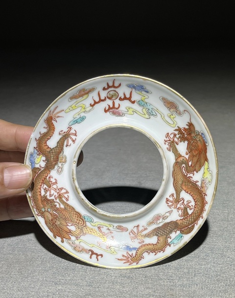 古玩陶瓷粉彩雙龍戲珠紋托拍賣，當前價格9800元