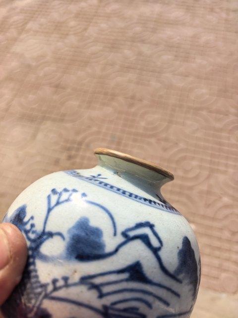 古玩陶瓷清中期 青花山水風(fēng)景高士圖蘋(píng)果尊真品鑒賞圖