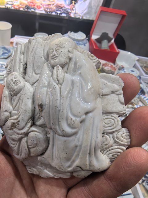 古玩陶瓷生瓷堆塑人物紋瓷塑真品鑒賞圖