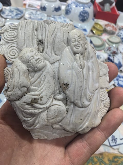 古玩陶瓷生瓷堆塑人物紋瓷塑真品鑒賞圖
