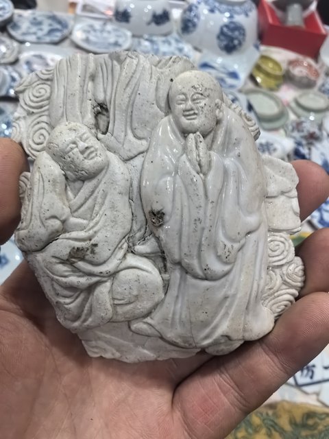 古玩陶瓷生瓷堆塑人物紋瓷塑真品鑒賞圖