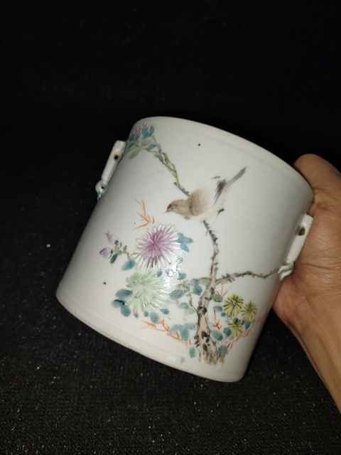 古玩陶瓷淺絳彩花鳥紋蓋缸真品鑒賞圖