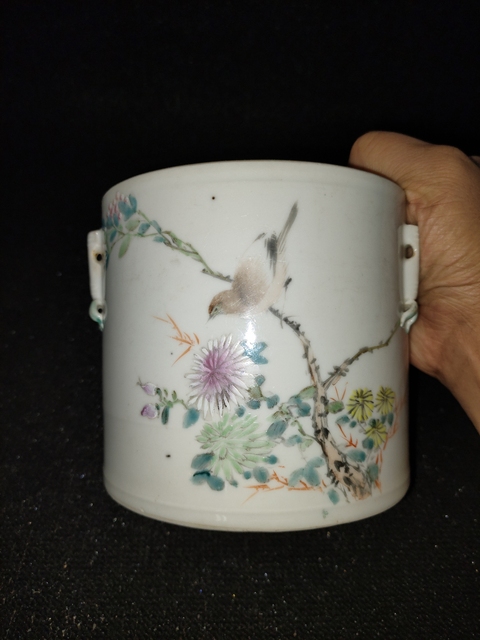 古玩陶瓷淺絳彩花鳥紋蓋缸真品鑒賞圖