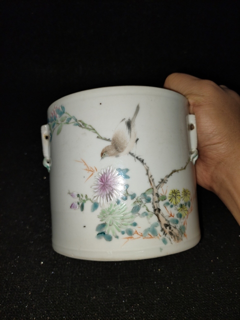 古玩陶瓷淺絳彩花鳥紋蓋缸真品鑒賞圖