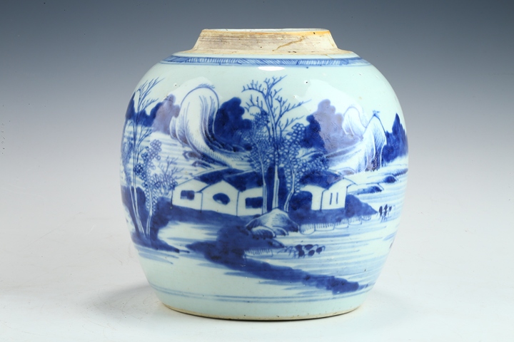 古玩陶瓷清中·青花山水人物紋罐真品鑒賞圖