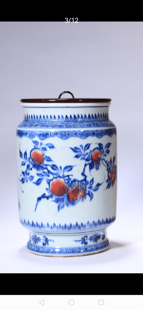 古玩陶瓷清乾隆 青花釉里紅壽桃石榴紋壯罐真品鑒賞圖