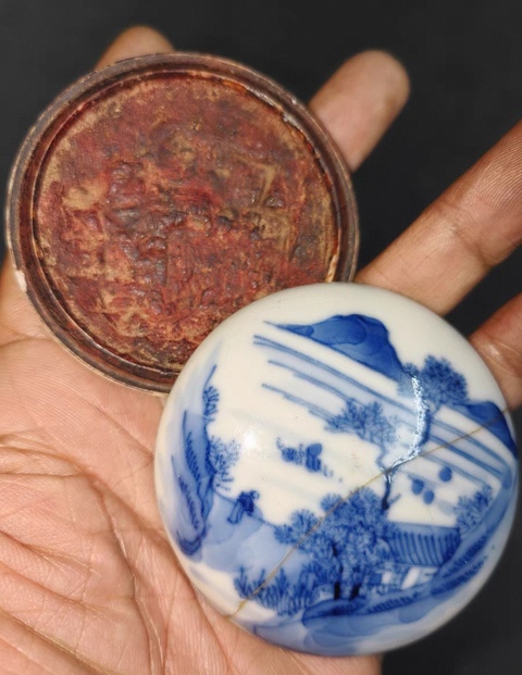 古玩陶瓷晚清青花印泥盒真品鑒賞圖