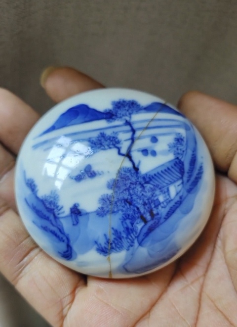 古玩陶瓷晚清青花印泥盒真品鑒賞圖