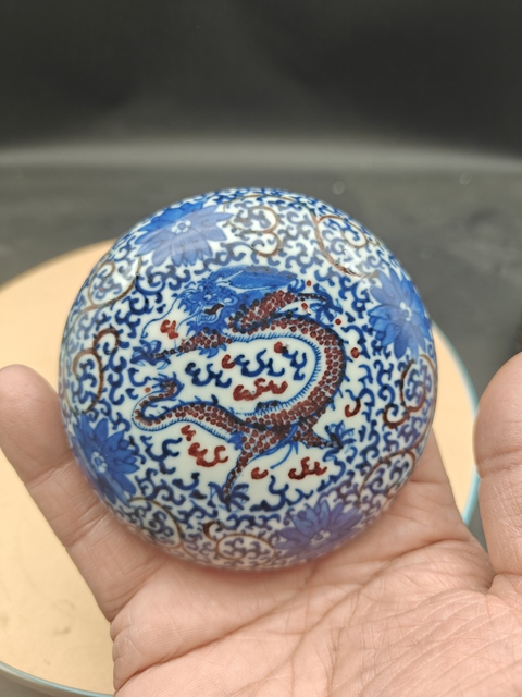 古玩陶瓷光緒青花釉里紅淺降彩印泥盒真品鑒賞圖