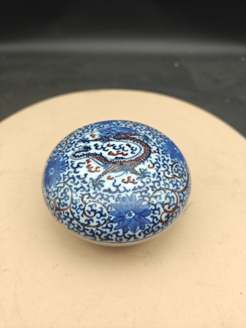 古玩陶瓷光緒青花釉里紅淺降彩印泥盒真品鑒賞圖