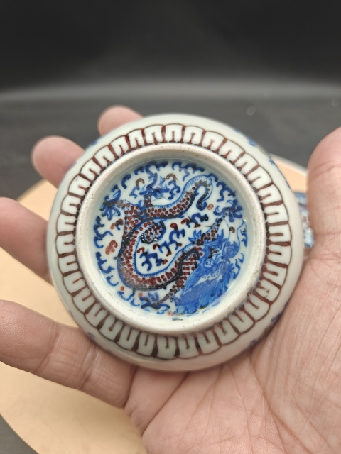 古玩陶瓷光緒青花釉里紅淺降彩印泥盒真品鑒賞圖