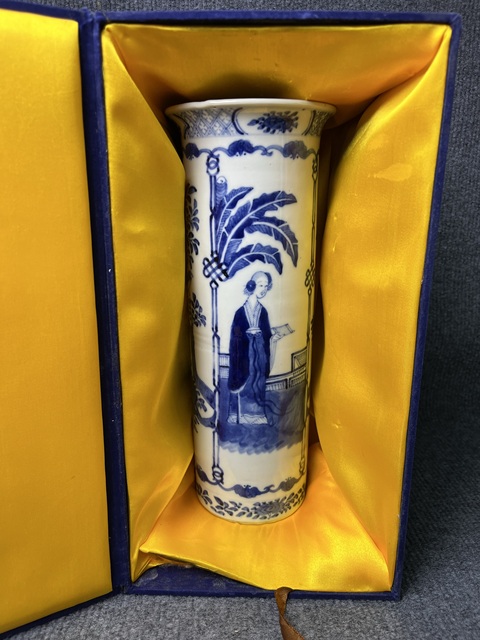 古玩陶瓷青花芭蕉侍女花鳥紋大箭筒真品鑒賞圖