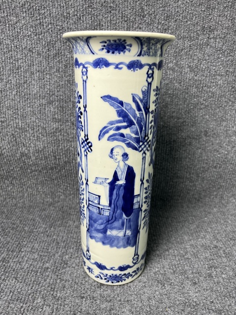 古玩陶瓷青花芭蕉侍女花鳥紋大箭筒真品鑒賞圖