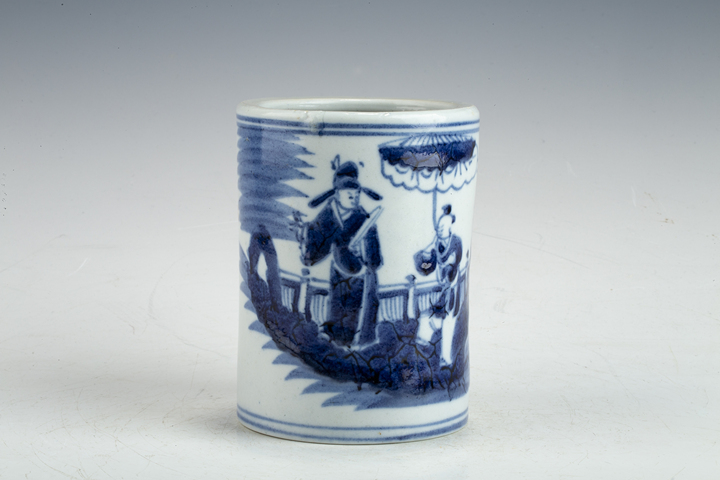 古玩陶瓷清中期·青花人物故事紋筆筒真品鑒賞圖