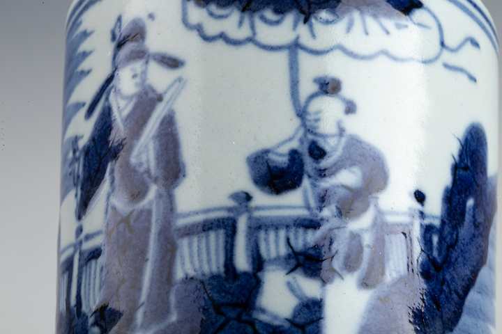 古玩陶瓷清中期·青花人物故事紋筆筒真品鑒賞圖