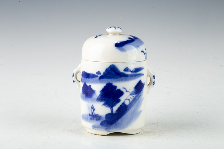 古玩陶瓷民國·青花山水紋雙系蓋盅真品鑒賞圖