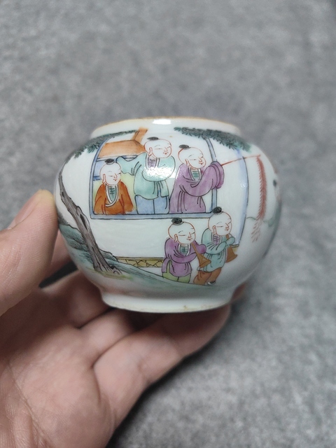 古玩陶瓷粉彩百子鬧龍燈圖紋渣斗真品鑒賞圖