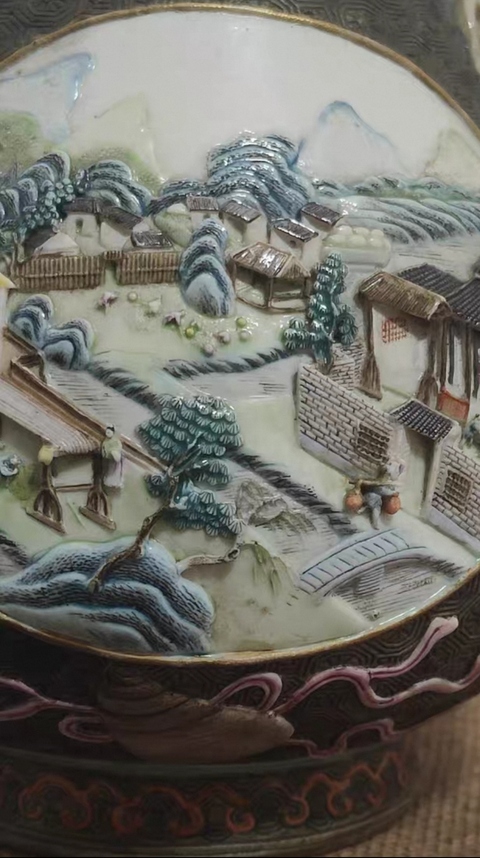 古玩陶瓷民國古銅釉粉彩雕瓷人物故事圖尊真品鑒賞圖