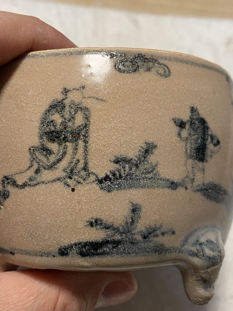 古玩陶瓷青花高士圖三足爐，可以清洗一下真品鑒賞圖