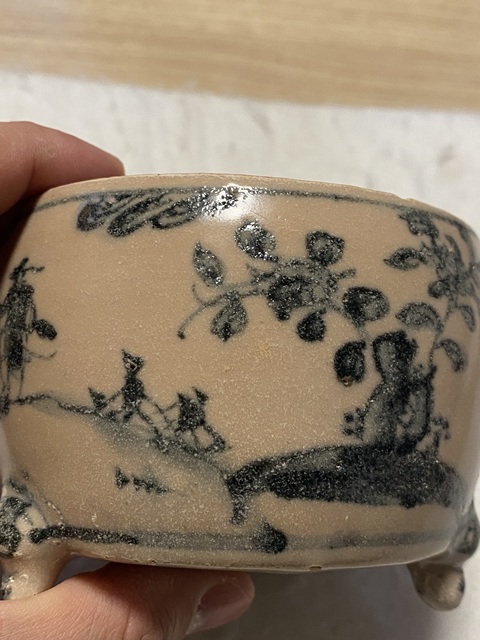 古玩陶瓷青花高士圖三足爐，可以清洗一下真品鑒賞圖