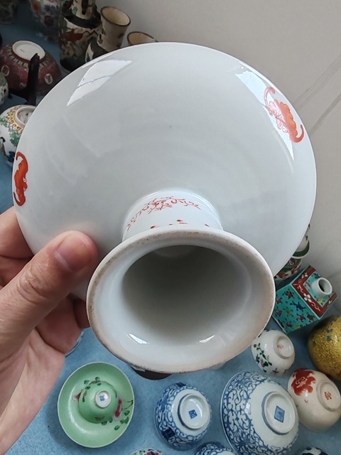 古玩陶瓷礬紅福壽花卉紋高足貢盤真品鑒賞圖