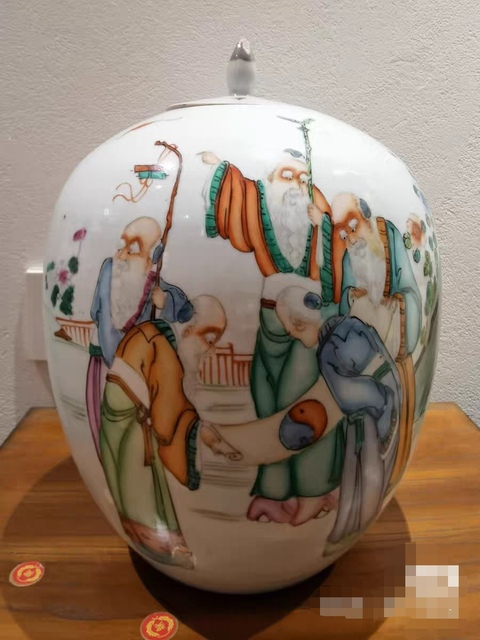 古玩陶瓷粉彩五老觀太極冬瓜罐（后加彩）真品鑒賞圖