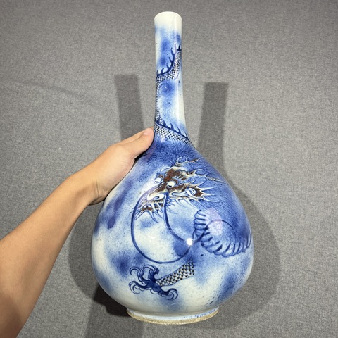 古玩陶瓷吹藍釉青花釉里紅龍紋錐把瓶真品鑒賞圖