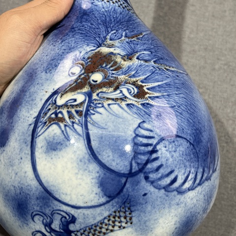 古玩陶瓷吹藍釉青花釉里紅龍紋錐把瓶真品鑒賞圖