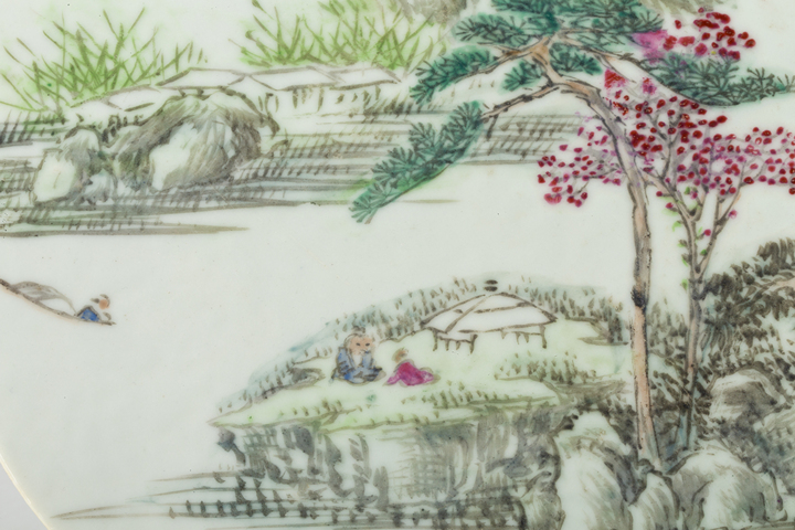 古玩陶瓷清末民初·淺絳彩山水人物紋瓷板拍賣，當前價格2304元