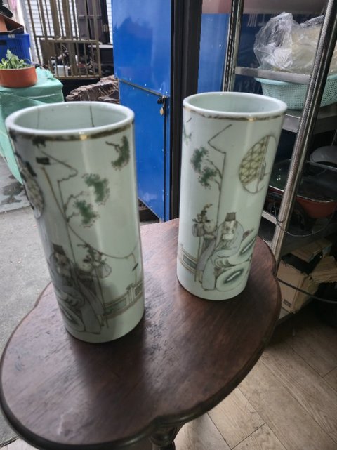 古玩陶瓷粉彩高士童子紋帽筒真品鑒賞圖