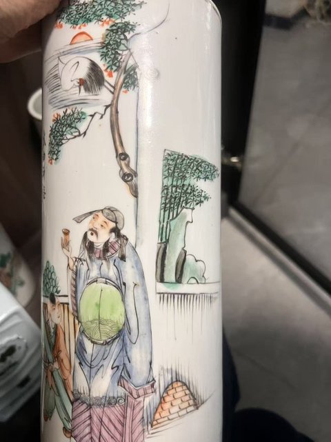 古玩陶瓷粉彩高士童子紋帽筒真品鑒賞圖
