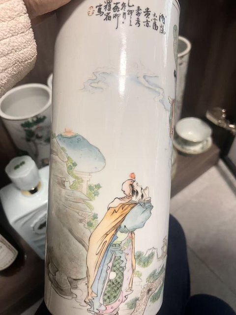 古玩陶瓷粉彩高士童子紋帽筒真品鑒賞圖