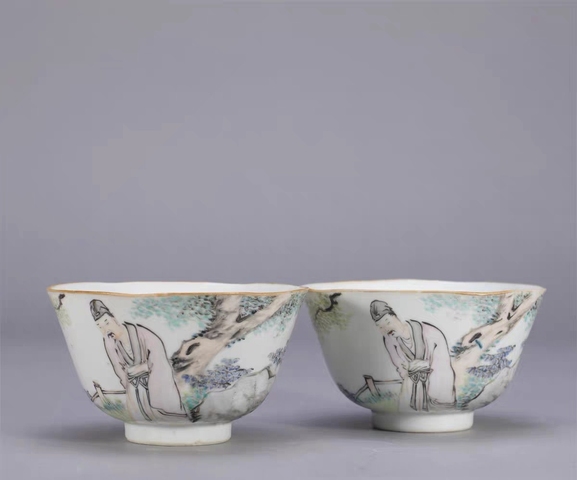 古玩陶瓷晚清淺洚彩茶碗一對真品鑒賞圖