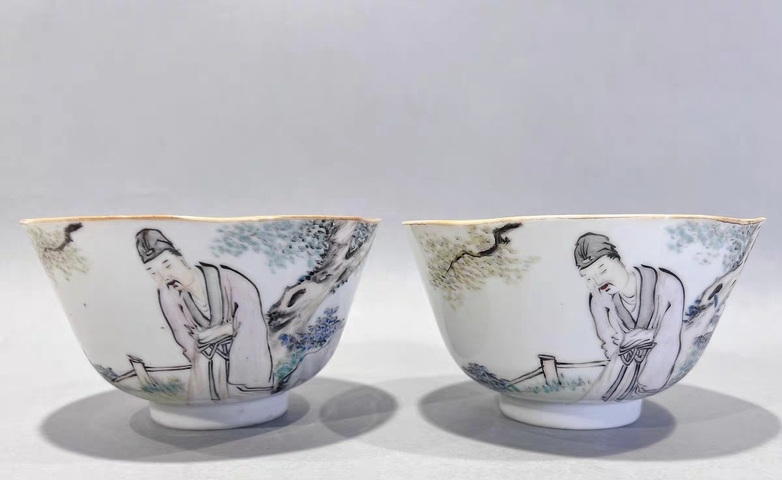 古玩陶瓷晚清淺洚彩茶碗一對真品鑒賞圖