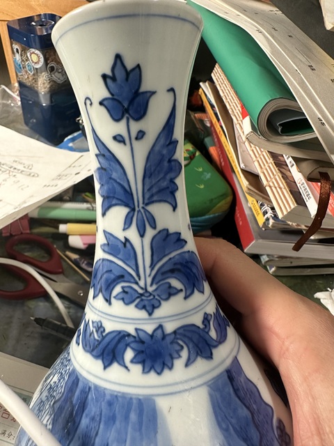 古玩陶瓷青花人物故事紋撇口瓶，口部疑似復窯真品鑒賞圖