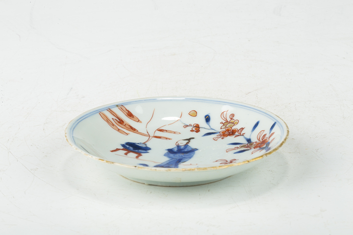 古玩陶瓷清康熙·青花礬紅描金焚香拜月紋碟真品鑒賞圖