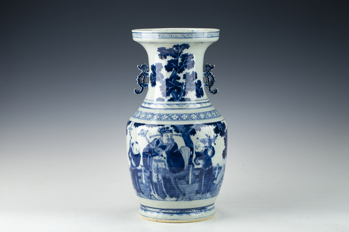 古玩陶瓷清中·青花福星高照圖雙耳盤口瓶真品鑒賞圖